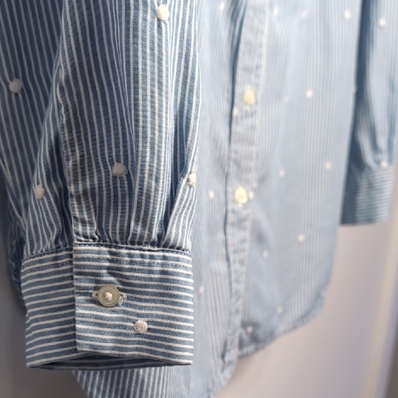LOFT | Blue and White Striped Button Down Shirt with Polka Dot Embroidery Size M - Picture 5 of 6